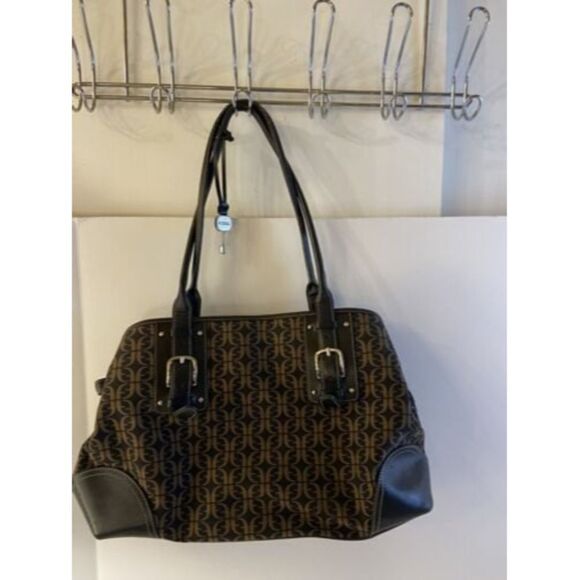 FOSSIL WOMEN'S SIGNATURE CANVAS BROWN/BLACK SHOULDER BAG PURSE GEOMETRIC Key - Picture 1 of 8
